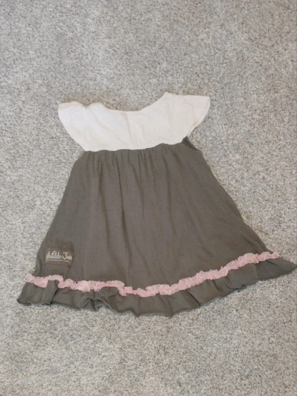 Matilda Jane Gray Dress with White Yoke and Pink Trim